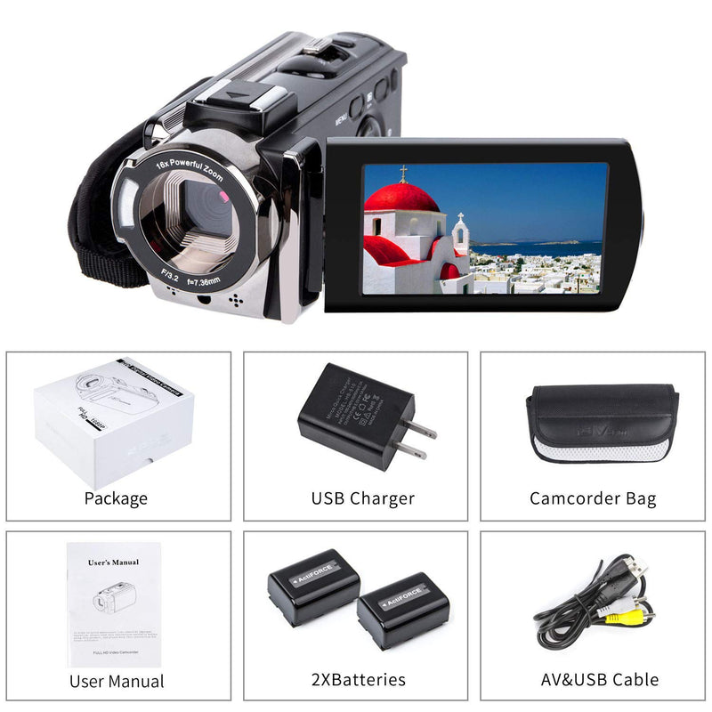 [Australia - AusPower] - Video Camera Camcorder Digital Camera Recorder kicteck Full HD 1080P 15FPS 24MP 3.0 Inch 270 Degree Rotation LCD 16X Zoom Camcorder with 2 Batteries(604s) 