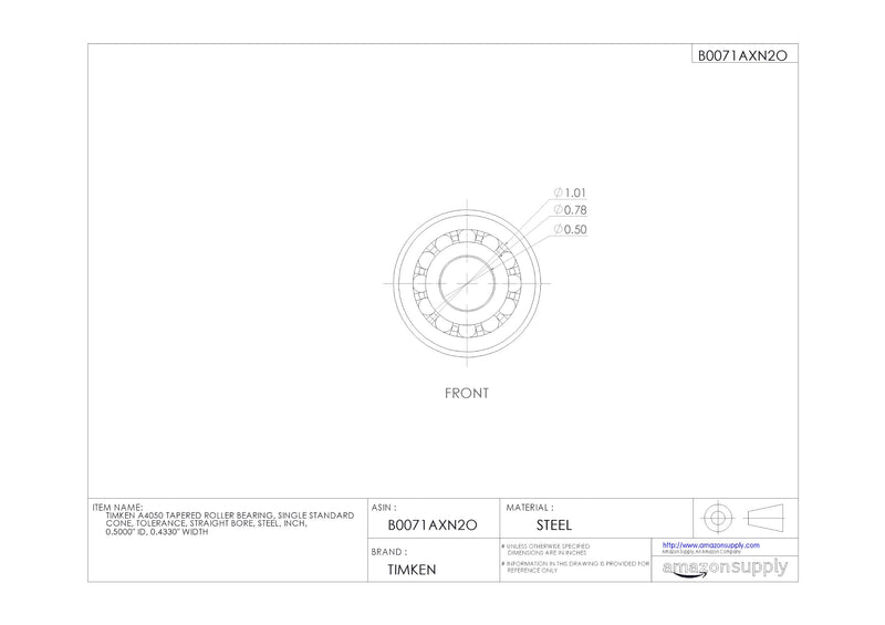 [Australia - AusPower] - Timken A4050 Tapered Roller Bearing, Single Cone, Standard Tolerance, Straight Bore, Steel, Inch, 0.5000" ID, 0.4330" Width 