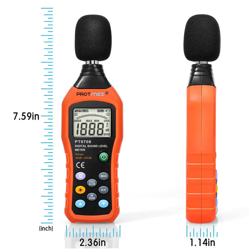 [Australia - AusPower] - Protmex Sound Level Meter, Dual Mode db Meter Decibel Meter Noise Level Meter 30-130dB Measure with Fast/Slow Selection, Backlight, Max and Data Hold Function, A/C Mode PT6708(Batteries Included) 