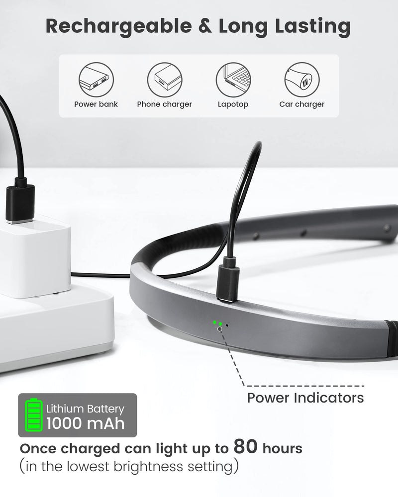 [Australia - AusPower] - Glocusent Upgraded LED Neck Reading Light, Eye Caring Book Light for Reading in Bed, 30-min Timer, 3 Colors & 3 Brightness, Rechargeable & Long Lasting, Perfect for Reading, Knitting & Repairing Upgrade-grey 