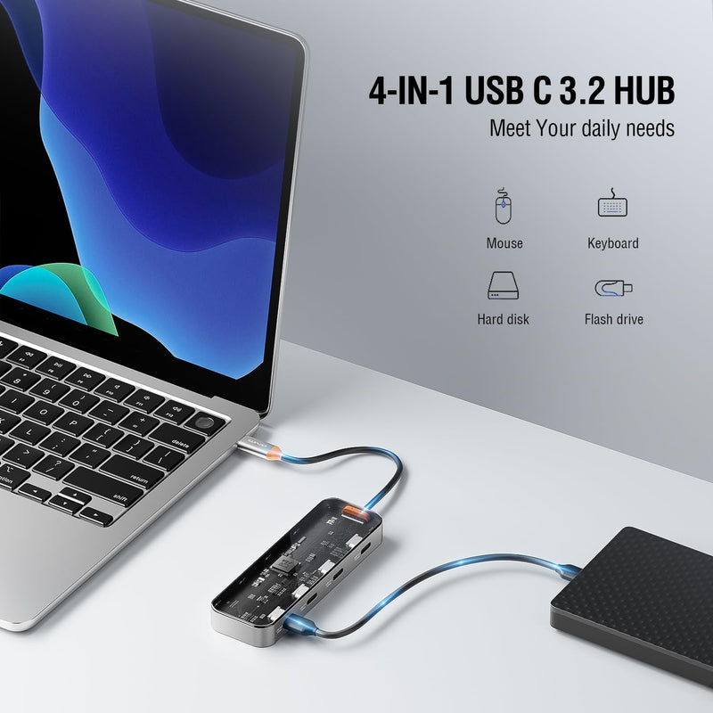 [Australia - AusPower] - 4 Ports USB C Hub,Multiport Adapter with 4 USB-C 3.2 Gen2 Ports,10Gbps Transparent USB C Hub for Laptop Splitter Dongle for MacBook Pro/Air,iPad,Dell,HP,Surface Pro,Mac OS,Windows,Linux,Chrome OS 
