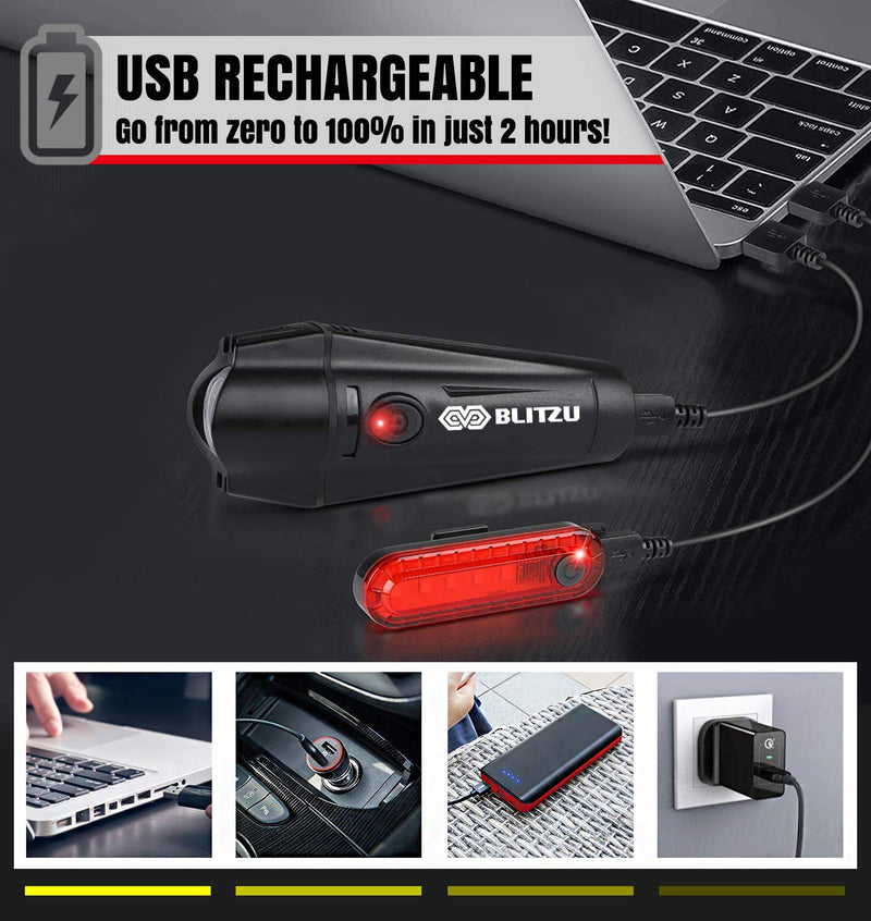 [Australia - AusPower] - BLITZU Gator 450 Lumens Bike Lights Front and Back Set, Headlight and Tail Rear Light, USB Rechargeable Bicycle Lamp, Waterproof, LED Safety Flashlight Cycling Accessories, Fits Adult Kids MTB Helmet 