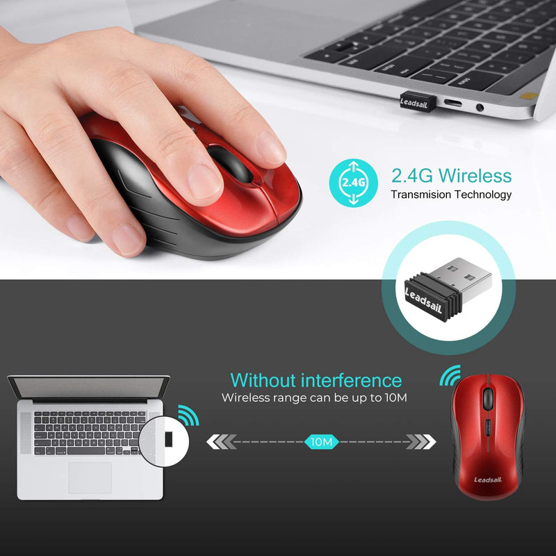 [Australia - AusPower] - LeadsaiL Wireless Mouse Silent 2.4G USB Computer Mouse Compact Optical Cordless Mouse Mini Quiet Wireless Mice, Noiseless, 4 Buttons, 3 Adjustable DPI Mobile Mouse for PC/Laptop/ Windows/Mac/Linux Red 