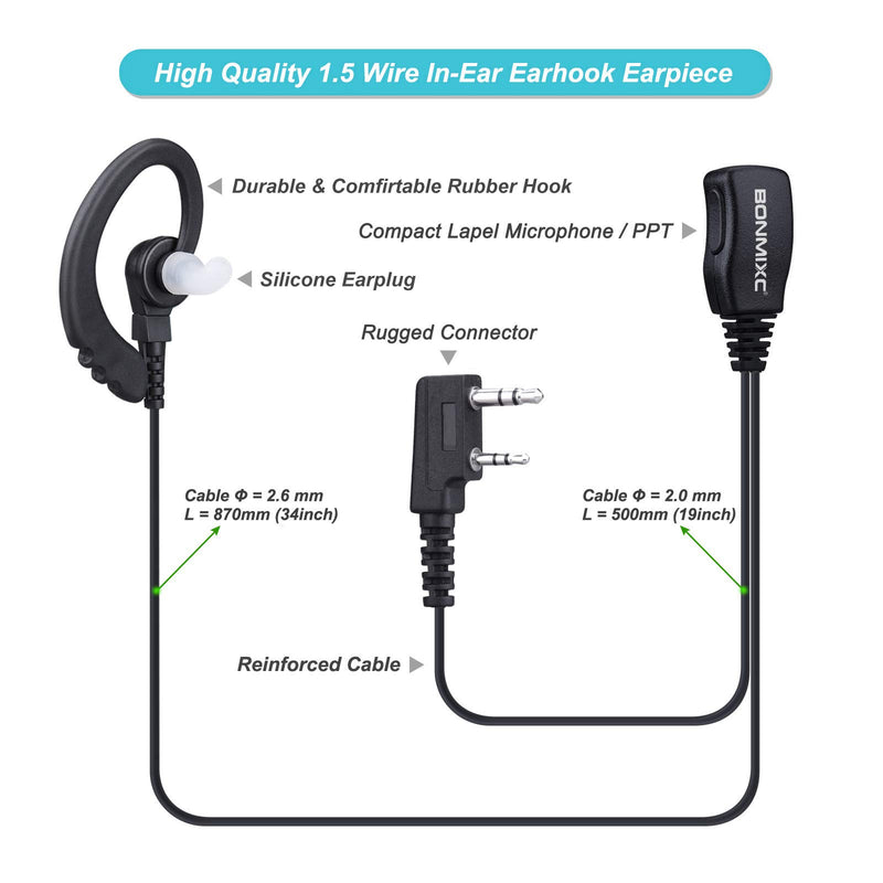 [Australia - AusPower] - BONMIXC (2 Pack) 2-Pin Walkie Talkie Headset with Mic Compatible with Kenwood ProTalk FreeTalk Baofeng 3.5mm+2.5mm 2-Pin Two-Way Radio Headset Reinforced Cable G-Shape Earhook 