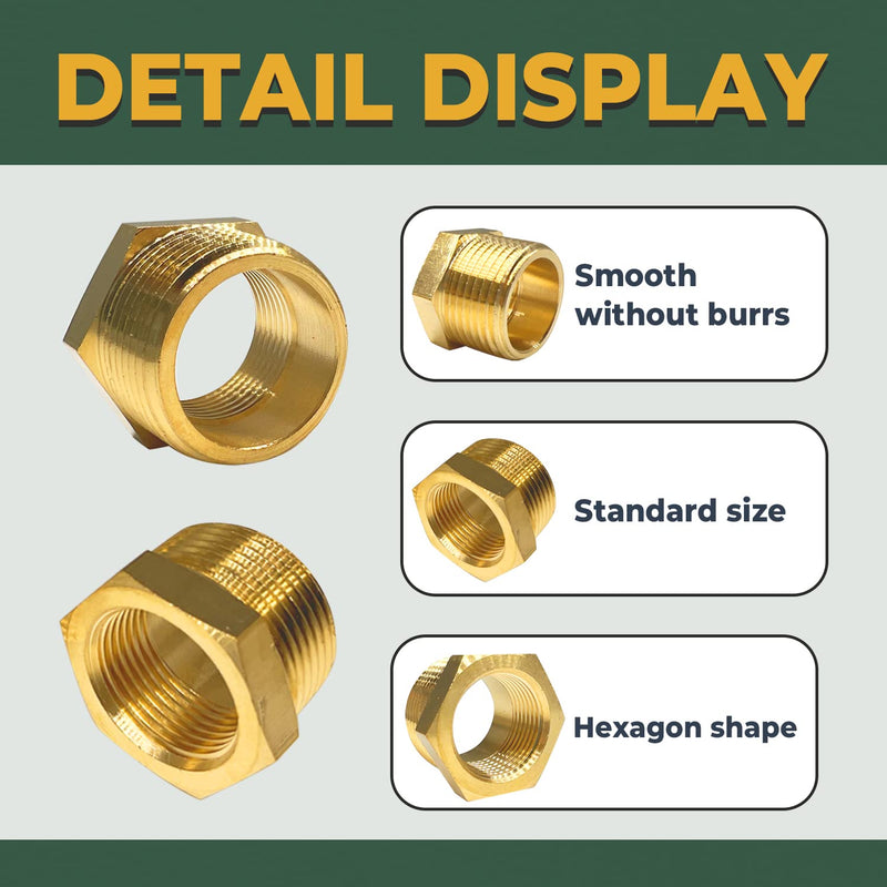 [Australia - AusPower] - LIONMAX Brass Hex Bushing Reducer 2 PCS, 1/2 Inch NPT Male X 3/8 Inch NPT Female, Threaded Pipe Fitting Adapter, with Sealing Tape 