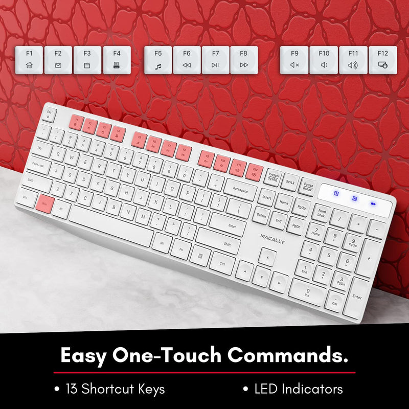 [Australia - AusPower] - Macally 2.4G USB Wireless Keyboard for Laptop or Computer - Keep it Simple - Full Size Keyboard with Numeric Keypad & 13 Shortcut Keys - Plug and Play PC Keyboard Wireless - White Keyboard Cordless 