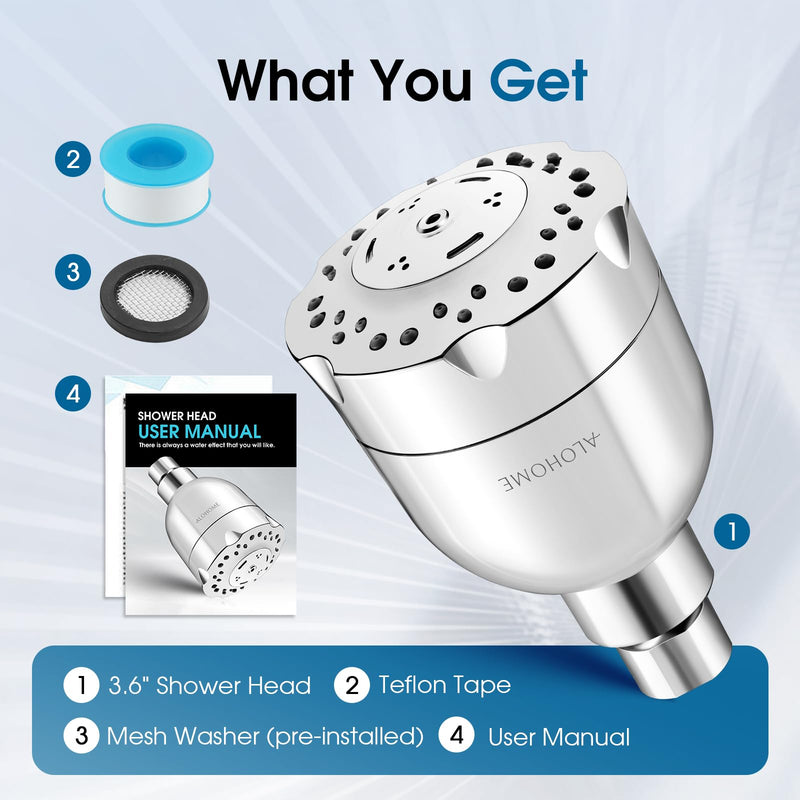 [Australia - AusPower] - High Pressure Shower Head, ALOHOME Rain Shower Head with 6 high flow Spray Settings, 3.6'' Chrome Finished Bathroom Shower Head with Adjustable Brass Ball Joint for Luxury Spa Shower Experience 