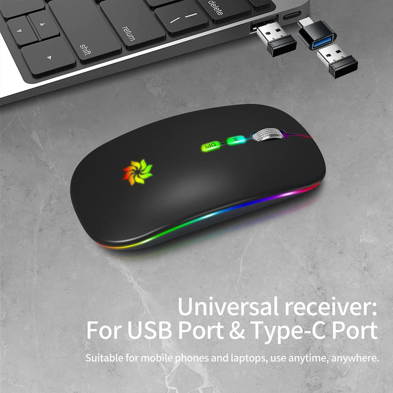 [Australia - AusPower] - LED Wireless Mouse Slim Silent Mouse 2.4G Rechargeable Wireless Computer Mouse Wireless Mouse for Laptop, MacBook, iPad, Chromebook, with USB & Type-c Receiver Black with LED Backlit 