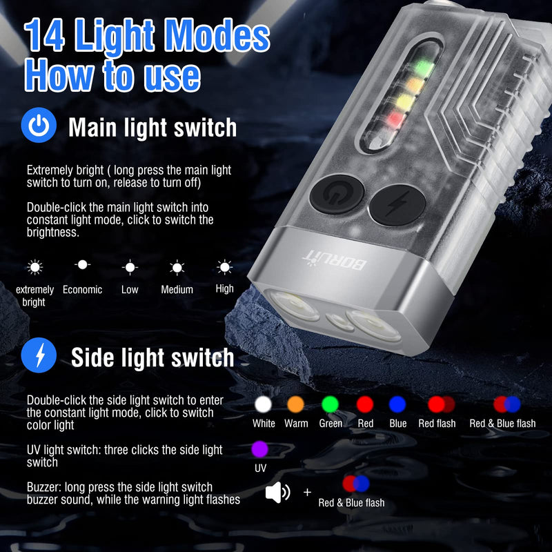 [Australia - AusPower] - BORUIT V10 Small Powerful Flashlight with 365nm UV Black Light - Super Bright 1000 LM, USB C Rechargeable LED Keychain Flash Light with COB Side Light, Magnet Buzzer- 12 Modes, IPX4 Pocket Flashlight White 