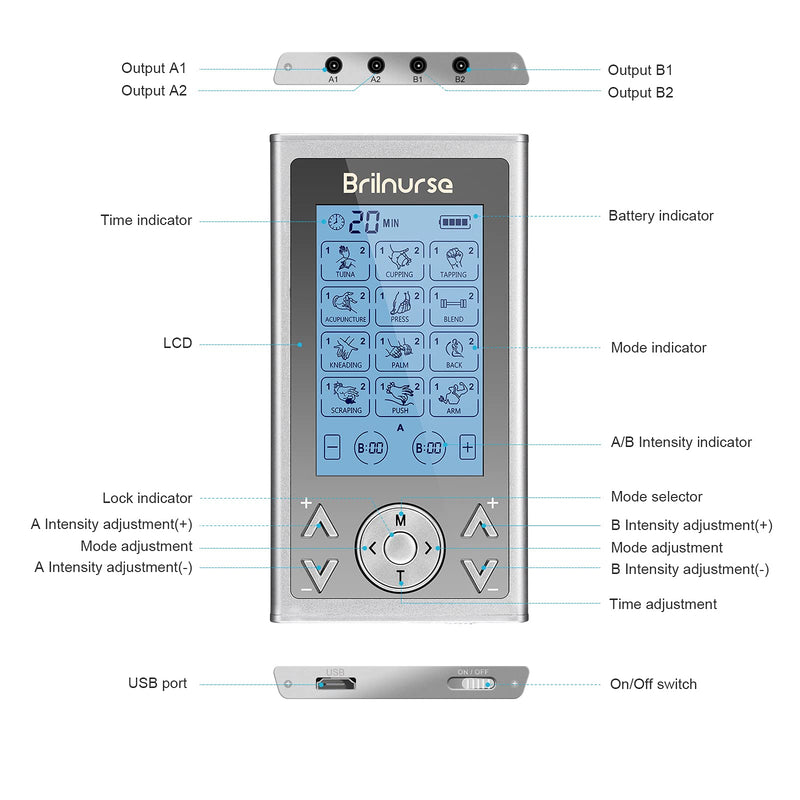 [Australia - AusPower] - Brilnurse 4 Outputs TENS Unit Muscle Stimulator Machine for Pain Relief Therapy, Rechargeable Electric Pulse Massager with 16 Electrode Pads 24 Modes 20 Level Intensity 