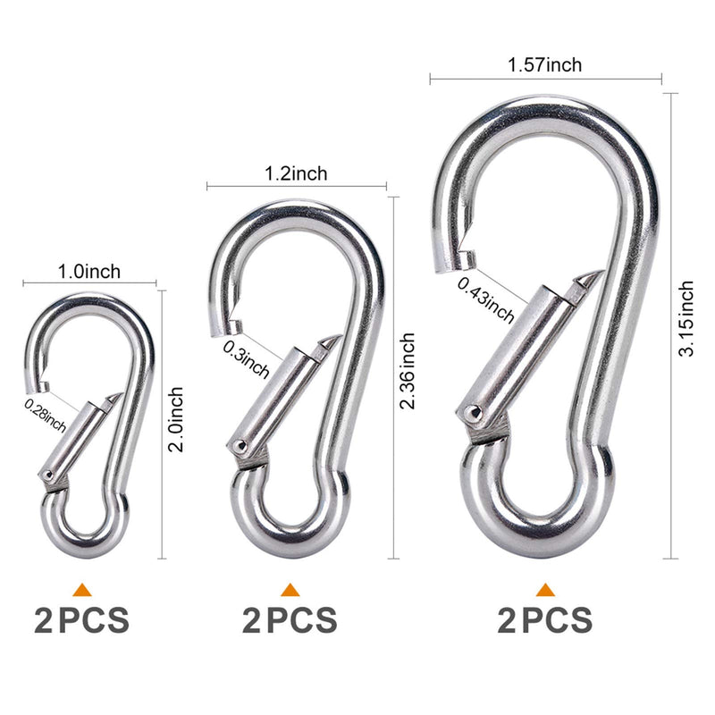 [Australia - AusPower] - 6PCS Spring Snap Hooks Carabiner- 304 Premium Stainless Steel Heavy Duty Carabiner Clips Assorted Sizes (2, 2.36, 3.15 inch) for Camping, Fishing, Hiking, Traveling, Backpack, Keychain; Silver 