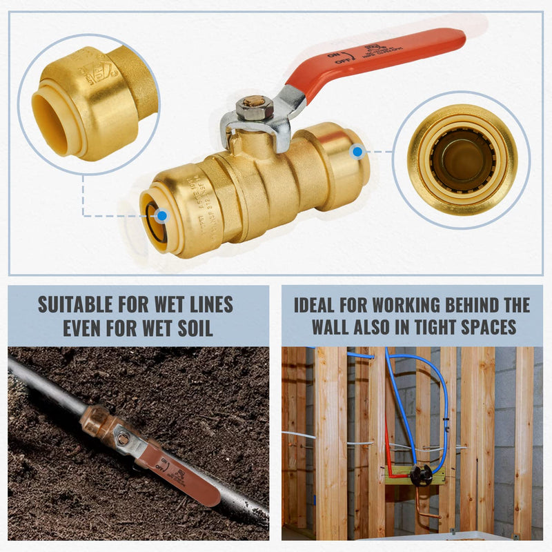 [Australia - AusPower] - SUNGATOR Ball Valve, 1/2 Inch x 1/2 Inch Pushfit Water Valve Shut Off with Disconnect Clip, Push-to-Connect, PEX, Copper, CPVC, PE-RT, Lead Free Brass Full Port Fit Valve (2-Pack) 