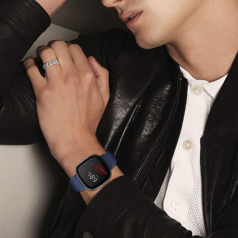 [Australia - AusPower] - ONELANKS Genuine Leather Watch Straps Compatible for Fitbit Sense/Versa 3 Smartwatch Band Blue Small 