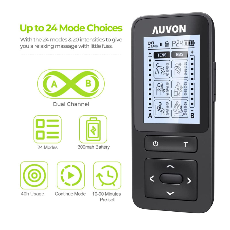 [Australia - AusPower] - AUVON 24 Modes TENS Unit Muscle Stimulator for Pain Relief, Rechargeable TENS Machine with 2X Battery Life, Belt Clip, Continuous Time Setting, Dust-Proof Bag, Cable Ties and 10 Electrode Pads 