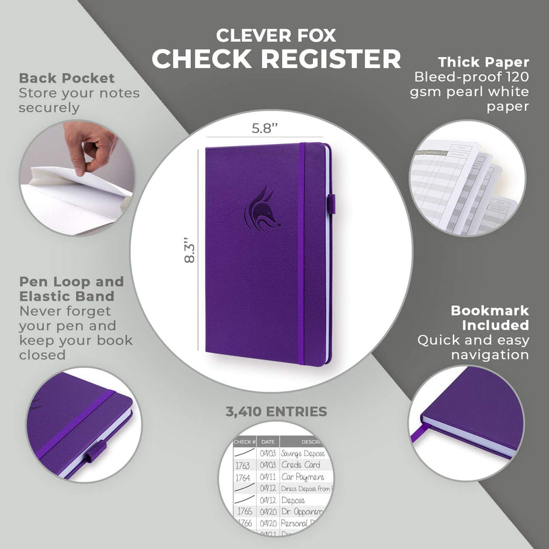 [Australia - AusPower] - Clever Fox Check Register – Deluxe Checkbook Log with Check & Transaction Registers, Bank Account Register Booklets for Personal and Work Use, A5 Hardcover - Purple A5 (5.8'' x 8.3'') 