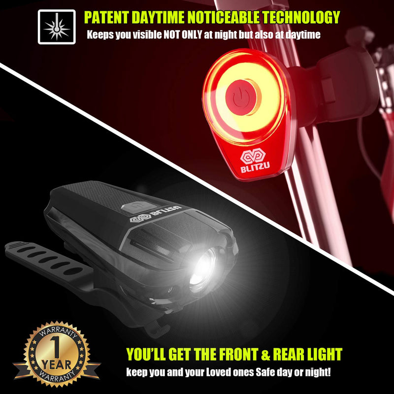 [Australia - AusPower] - BLITZU Gator 390 USB Rechargeable LED Bike Light Set, Bicycle Headlight Front Light & Free Rear Back Tail Light. Waterproof, Easy to Install for Kids Men Women Road Cycling Safety Commuter Flashlight Black 