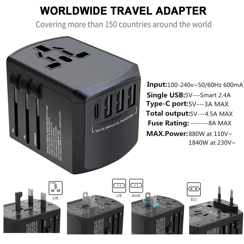 [Australia - AusPower] - Travel Adapter, Universal Plug Adapter for Worldwide Travel, International Power Adapter, Plug Converter with 4 USB Ports, All in One 3.0A USB C Wall Charger AC Socket for EU UK AUS Asia Phone Laptop 