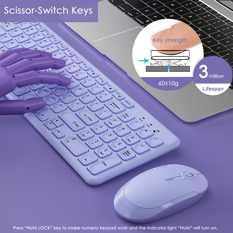 [Australia - AusPower] - Wireless Keyboard and Mouse Combo, Superbcco Cordless Computer Keyboard with Number Keypad, 2.4Ghz USB Receiver, Ultra Slim, Energy Saving, 3-Level DPI for Laptop/Computer/PC/Desktop (Lavender Purple) Lavender Purple 