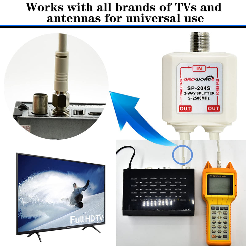 [Australia - AusPower] - GROWORD 2-Way coaxial Cable Splitter, 5-2500MHz CATV Splitter with 6” RG6 Coaxial Cable and 2 Coax Connectors, for Pass Power to LNB, Improve TV Satellite Antenna Signal Quality, Corrosion Resistant 6 inch 