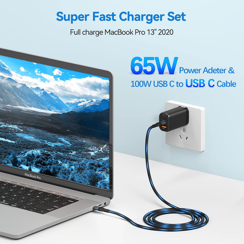 [Australia - AusPower] - USB C Wall Charger, Deegotech 65W 3-Port PD 3.0 GaN Fast Charger with 6.6ft USB C to USB C Cable, Foldable Power Adapter for MacBook Pro/Air iPad Pro Samsung Galaxy S21 S20 