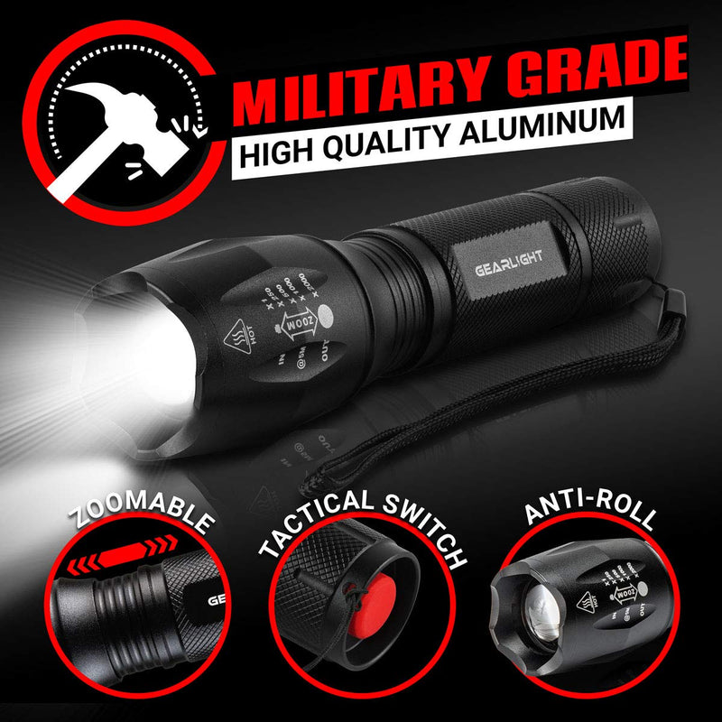 [Australia - AusPower] - GearLight LED Flashlight Pack -2 Bright, Zoomable Tactical Flashlights with High Lumens and 5 Modes for Emergency and Outdoor Use -Camping Accessories -S1000 