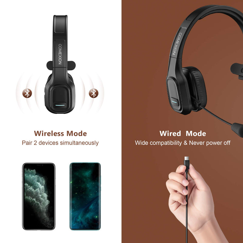 [Australia - AusPower] - COMEXION Trucker Bluetooth Headset V5.0, Wireless Headphone with Noise Canceling&Mute Microphone for Cell Phones, On Ear Bluetooth Headphone with Wireless&Wired Mode for Trucker, Home Office, Skype BH-M100 with Dongle 