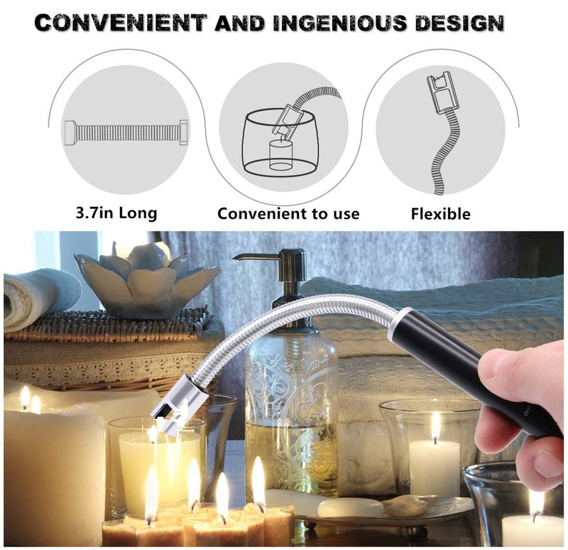 [Australia - AusPower] - TOMOLO Lighter, Rechargeable Candle Lighter Grill Lighter Electric Arc Lighter with Flexible Neck, LED Battery Display Safety Switch for Candle Camping Cooking BBQs Fireworks (Black&Silver, Pack of 2) 