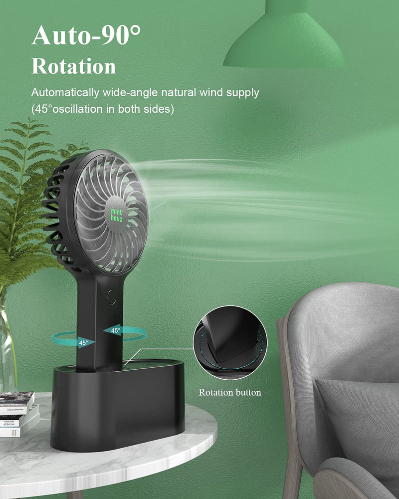 [Australia - AusPower] - Minthouz Handheld Fan, 90° Automatic Head Shaking Personal Fan with Rotating Base, 3 Speed Adjustable Portable Fan Rechargeable Desk Fan with 2000mAh Built-in Battery, Mini Fan for Office/Home/Outdoor Black 