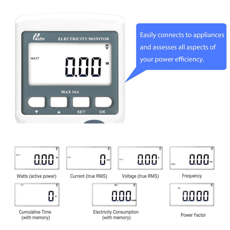 [Australia - AusPower] - Poniie PN2000 Plug-in Kilowatt Electricity Usage Monitor Electrical Power Consumption Watt Meter Tester w/Extension Cord 