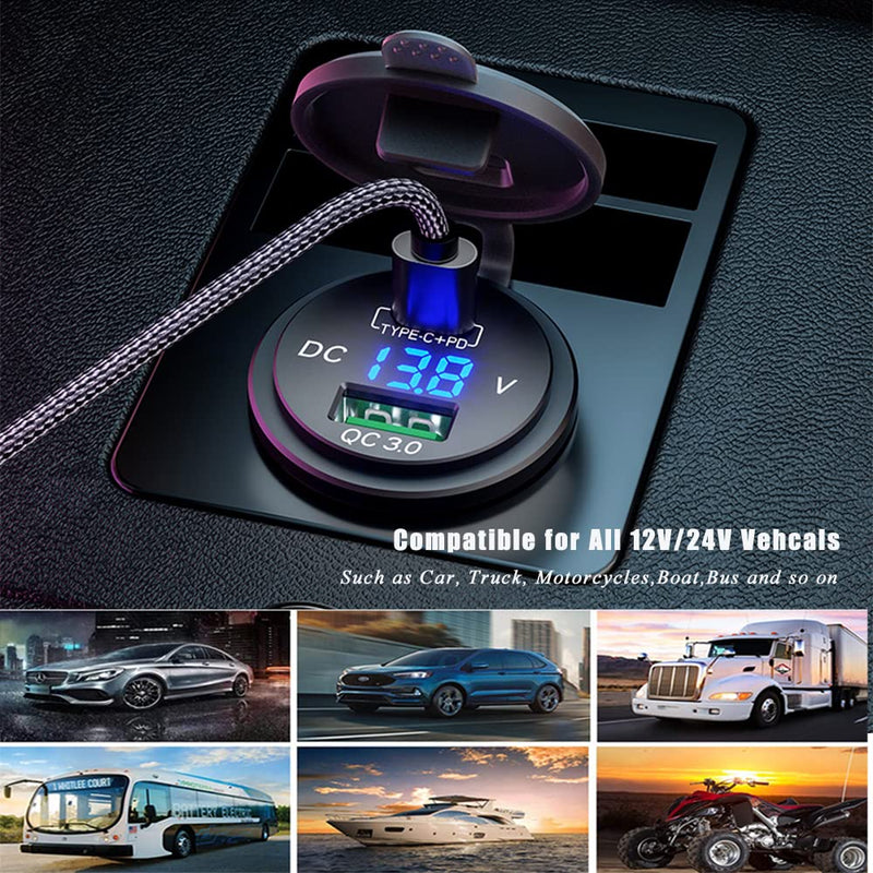 [Australia - AusPower] - PD Type C USB Car Charger Socket and QC 3.0 Quick Charger 12V/24V Car Power Outlet Waterproof Socket 63W Dual USB Charger Socket Power Delivery 36W for Motorcycle Marine Boat RV ATV (Type C+ QC3.0(G)) Type C+ QC3.0(G) 