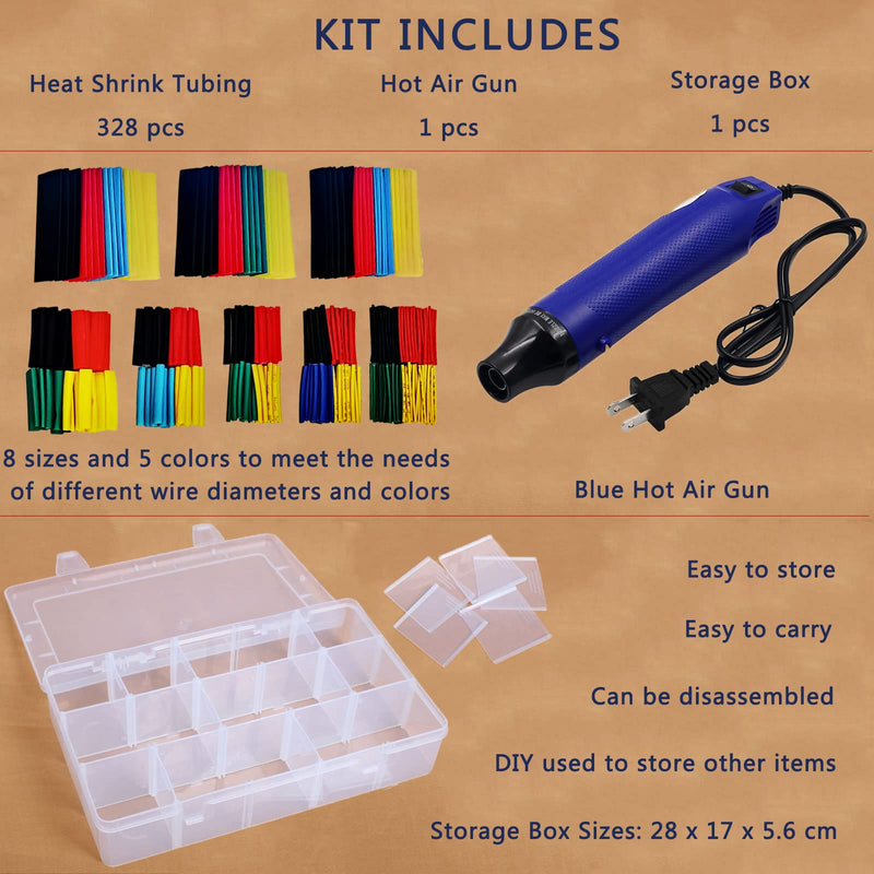 [Australia - AusPower] - Heat Shrink Tubing Kit + Mini Heat Gun for Shrink Tubing - 328pcs 2:1 Shrink Tubing + 300W Heat Shrink Gun with Storage Box - for Shrink Wraping,Wire,Cable and Electrical Repair,Insulation Protector 