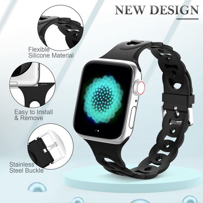 [Australia - AusPower] - Slim Band Compatible with Apple Watch Bands Women Girl 38mm 40mm 41mm 42mm 44mm 45mm, Silicone Luxurious Circle Chain Wristbands Breathable Thin Strap Compatible for iWatch SE 7 6 5 4 3 2 1 Black 38MM/40MM/41MM 