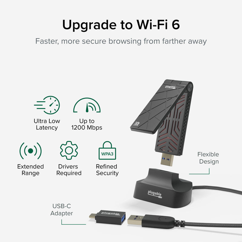 [Australia - AusPower] - Plugable WiFi 6 USB WiFi Adapter for Desktop PC and Laptops, AX1800 USB 3.0 and USB C Wireless Adapter with 2.4GHz + 5GHz Dual Band Connection for Windows 10/11 