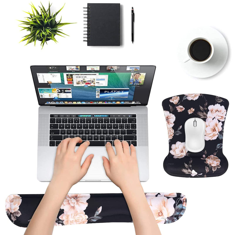 [Australia - AusPower] - MOSISO Wrist Rest Support for Mouse Pad & Keyboard Set, Camellia Ergonomic Mousepad Non-Slip Base Home/Office Pain Relief & Easy Typing Cushion with Neoprene Cloth&Raised Memory Foam, Black 