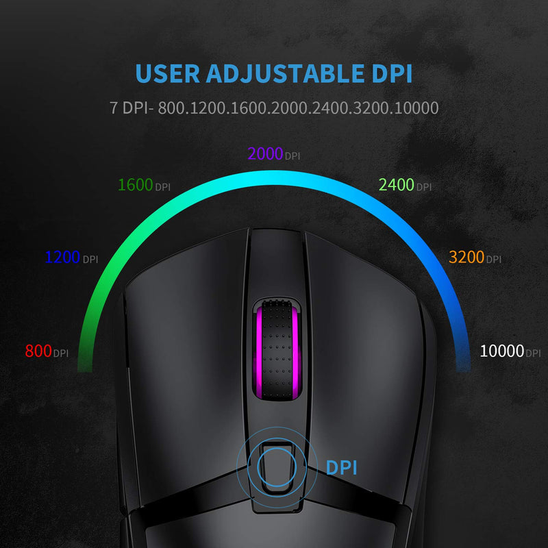 [Australia - AusPower] - Wireless and Wired Gaming Mouse, Rechargeable RGB Ergonomic Mouse with 6 Programmable Buttons, 7 Adjustable DPI up to 10000, Compatible with Windows MacBook Laptop PC Computer 