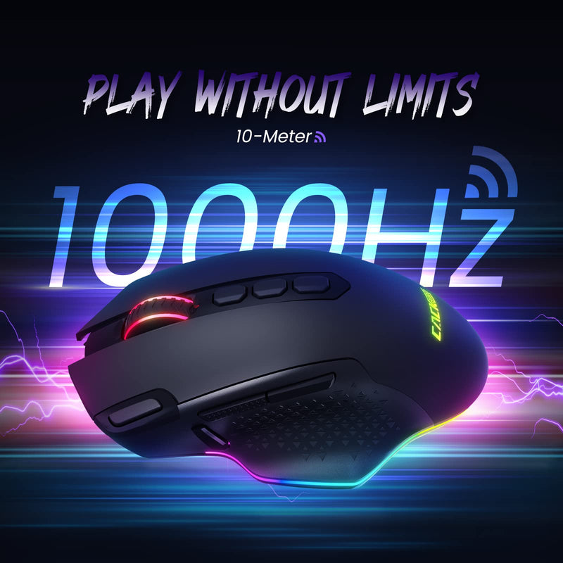 [Australia - AusPower] - CACKBIRD CA282 Wireless Gaming Mouse, 9 RGB Backlit Modes,10000 DPI, 10 Programmable Buttons Fire Button, Type-C Rechargeable Gaming Mouse for PC Gamers Computer Laptop Desktop Chromebook Mac, Black 