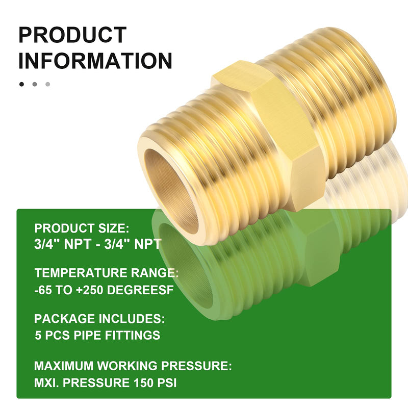 [Australia - AusPower] - TAISHER 5PCS Brass Pipe Fitting, Reducer Adapter, Hex Nipple, 3/4-Inch Male Pipe x 3/4-Inch Male Pipe 3/4" NPT 5 