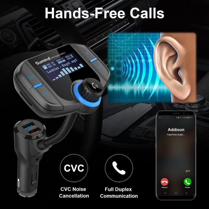 [Australia - AusPower] - (Upgraded Version) Bluetooth FM Transmitter, Sumind Wireless Radio Adapter Hands-Free Car Kit with 1.7 Inch Display, QC3.0 and Smart 2.4A Dual USB Ports, AUX Input/Output, TF Card Mp3 Player Black 