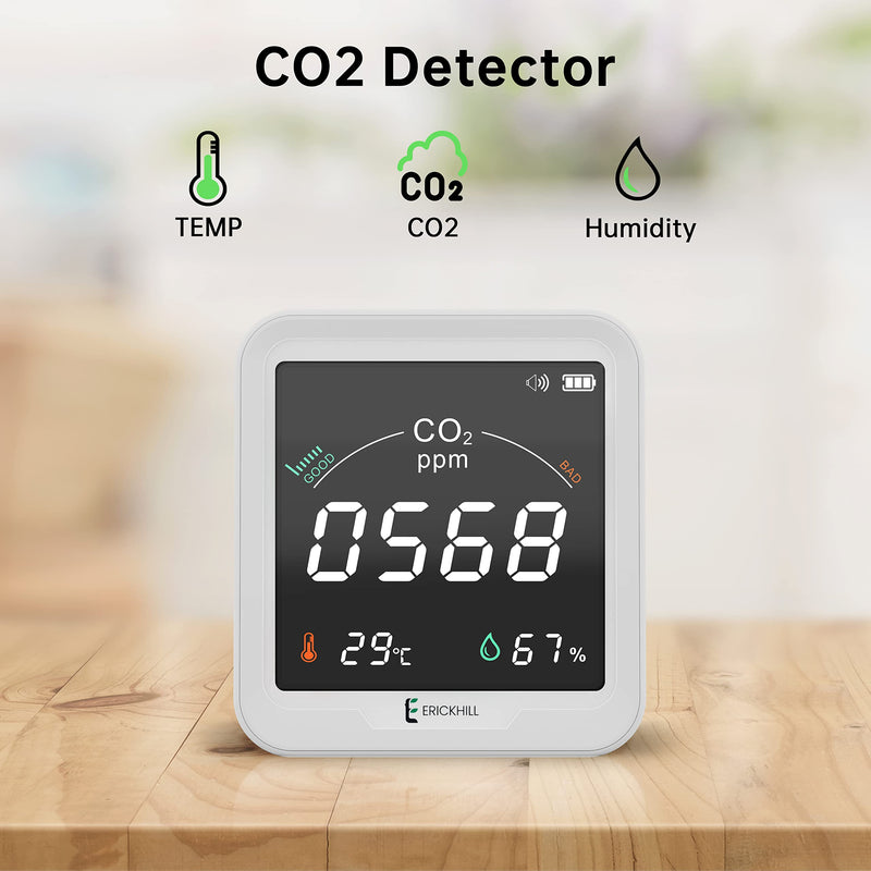 [Australia - AusPower] - ERICKHILL CO2 Monitor, Real Time CO2 Detector to Test Temperature and Relative Humidity, Air Quality Monitor for CO2, Hanging CO2 Meter with Adjustable Alarm for Home, Grow Tents, Wine Cellars 