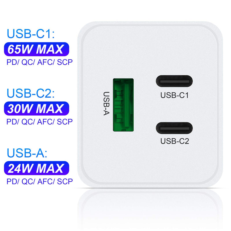 [Australia - AusPower] - NewWay 65W 3 Port PD QC 3.0 USB-C Fast Charger (GaN Semic) Delivery Foldable, USB-C Wall Charger for USB C Laptops Smartphone Pad MacBook Compatible with iPhone 12 and More 