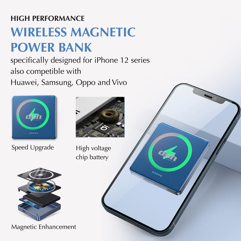 [Australia - AusPower] - DPH Mini Magnetic Wireless Charger Power Bank 10000mAh, Wireless Fast Charging 15W 20W USB-C with Dual Usage, Work Well 5mm Mag-Safe Phone Cases, Suitable for iPhone 12 &13 / Pro/Mini/Pro Max (Blue) Blue 