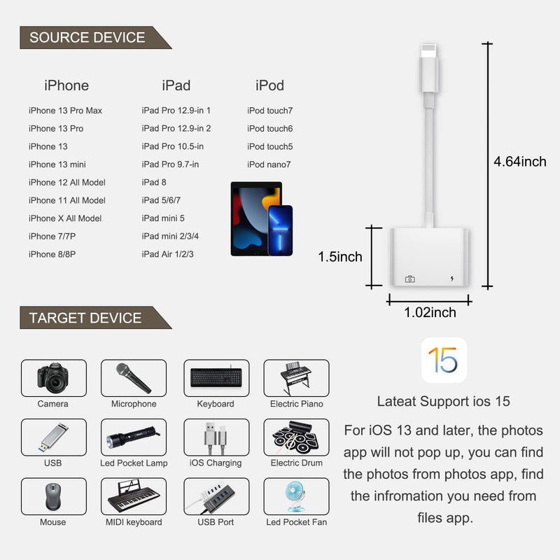 [Australia - AusPower] - WIPA iPhone to USB Adapter,USB Adapter for iPad/iPhone,iPhone/iPad Camera Adapter,Compatible with USB Flash Drive/Hard Disk,Plug USB 3.0 OTG Cable Adapter 