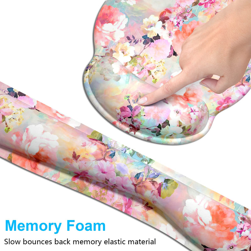 [Australia - AusPower] - Dapesuom Keyboard Wrist Rest and Mouse Pad with Support, Memory Foam Rests for Set, Ergonomic Non Slip Base Easy Typing & Pain Relief, Peonies Floral, Pink Floral Pink Peonies Floral 