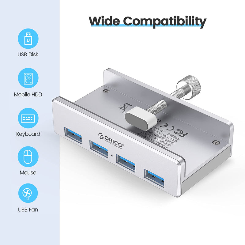 [Australia - AusPower] - ORICO 4 Port USB 3.0 Hub Clamps on Monitor or Table, USB A/A and A/C Cable Included(4.92FT), Extra Power Supply Port, Space-Saving Mountable Aluminum USB Hub for iMac, All-in-One Desktop Computer 4 port + 2 Data Cable 