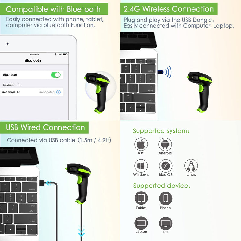 [Australia - AusPower] - NADAMOO 2D Wireless Barcode Scanner with Stand, Compatible with Bluetooth & 2.4G Wireless & Wired Connection, Cordless QR Code Scanner USB Image Bar Code Reader for Computer Tablet iPhone iPad Android Green 