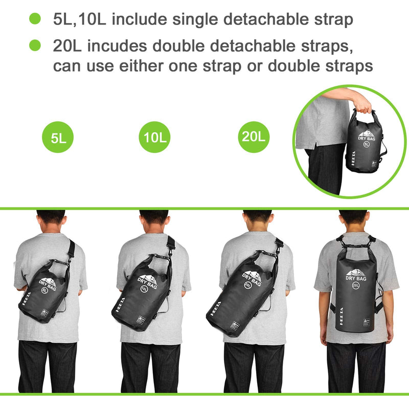 [Australia - AusPower] - HEETA Waterproof Dry Bag for Women Men, 5L/ 10L/ 20L Roll Top Lightweight Dry Storage Bag Backpack with Phone Case for Travel, Swimming, Boating, Kayaking, Camping and Beach Black 
