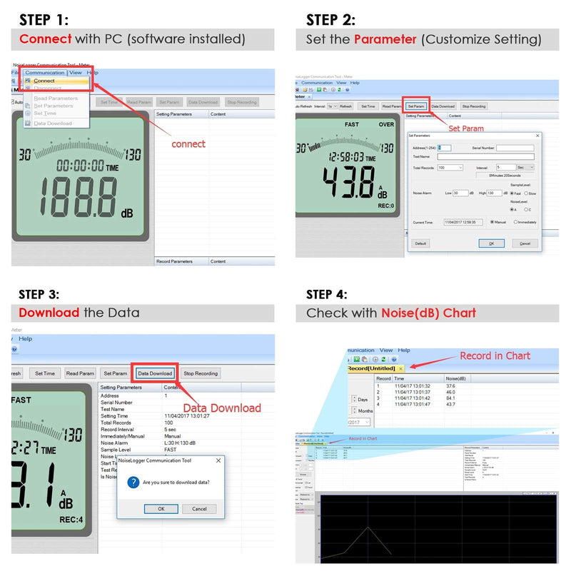 [Australia - AusPower] - Decibel Meter Digital Sound Level Meter with Data Record Function 30-130dB Range High Accuracy db Meter with LCD Backlight Time Display 