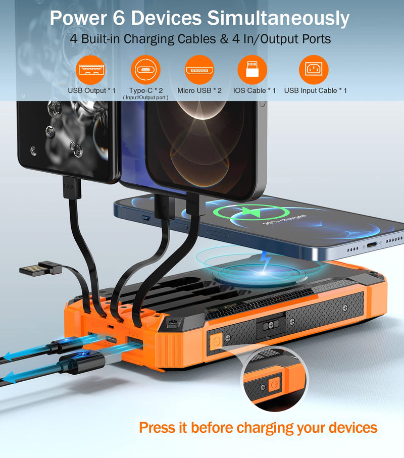 [Australia - AusPower] - Solar Power Bank 36000mAh Built-in 4 Cables Qi Wireless Charger with Dual LED Flashlight Solar Portable External Battery IPX4 Waterproof 15W 5V/3A USB C Port Six Outputs Three Inputs(Orange) Orange 