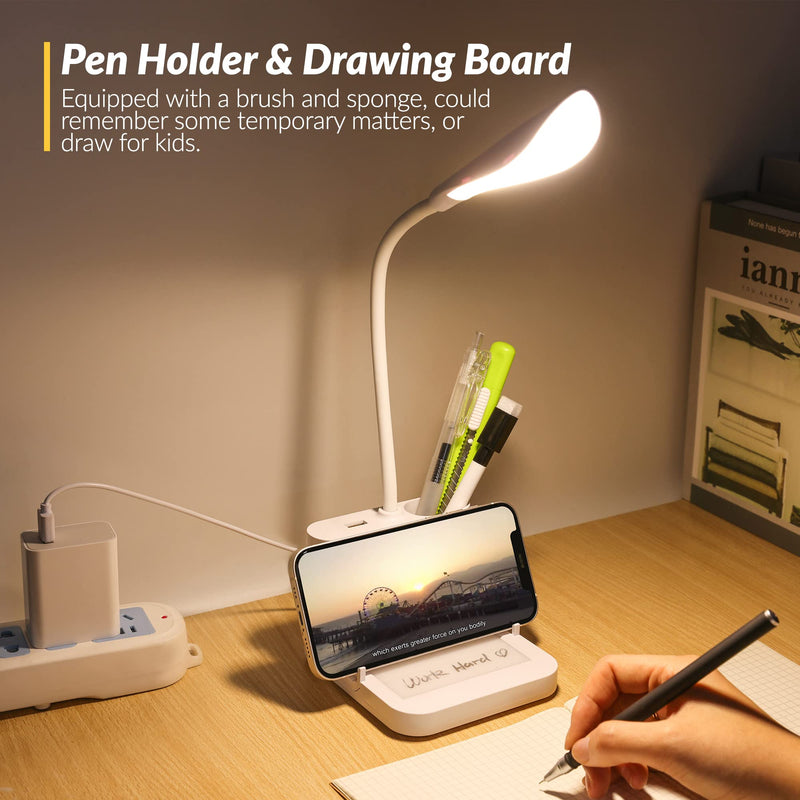 [Australia - AusPower] - LED Desk Lamp, 3 Color Dimmable Desk Lamp with Drawing Board Flexible Gooseneck Pen Holder Desk Light for Reading Phone Stand Table Lamp with USB Charging Port for Students Home Dorm College White 
