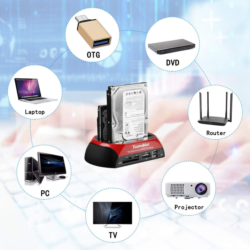 [Australia - AusPower] - Hard Drive Docking Station, Tccmebius TCC-S862-US USB 2.0 to 2.5 3.5 Inch SATA IDE Dual Slots External Enclosure with All in 1 Card Reader and USB 2.0 Hub for 2.5" 3.5" IDE SATA I/II/III HDD SSD 